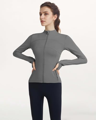 Locachy Women's Slim Fit Full Zip Athletic Running Sports Workout Jacket with Thumb Holes 01 Grey M - Image 4