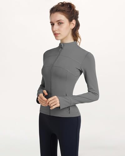 Locachy Women's Slim Fit Full Zip Athletic Running Sports Workout Jacket with Thumb Holes 01 Grey M - Image 3