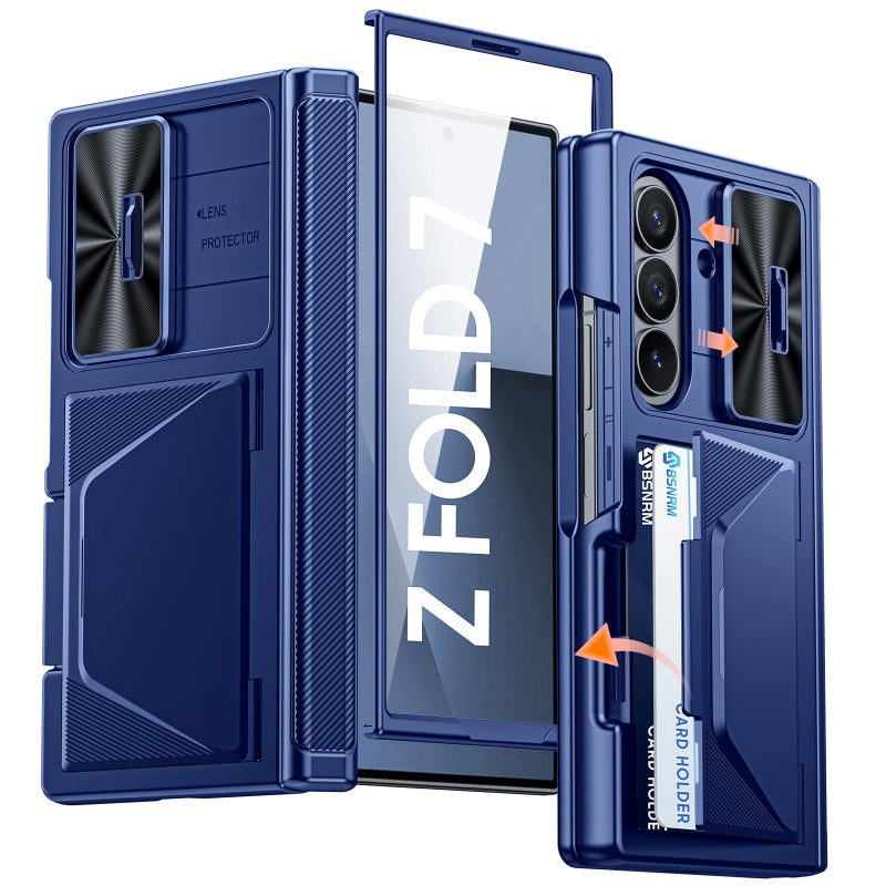 BSNRM for Samsung Galaxy Z Fold 7 Case with Card Holder RFID Blocking, Built in Slide Lens Cover & Hinge Protection & Screen Protector, Shockproof Wallet Case for Z Fold 7 (Sapphire Blue) - Image 1