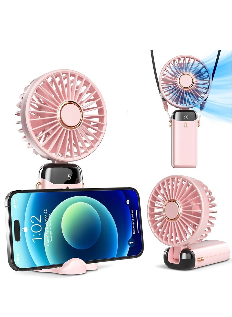 دينكس مروحة يدوية تعمل بالبطارية مع قاعدة وحزام للرقبة، وقت تشغيل 8 ساعات، شاشة رقمية، 5 سرعات قابلة للتعديل، 90 درجة، مروحة صغيرة قابلة لإعادة الشحن بقوة 3 وات، لون وردي - Image 1