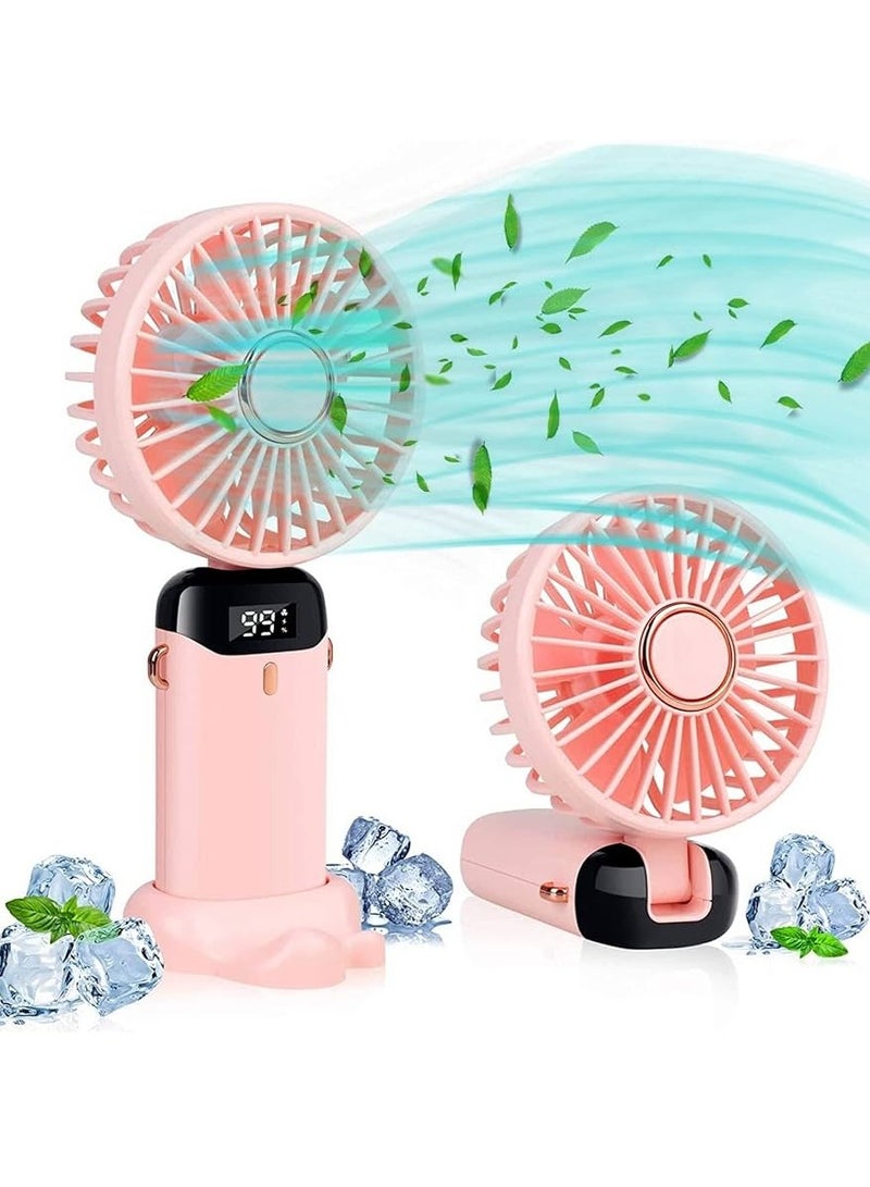 دينكس مروحة يدوية تعمل بالبطارية مع قاعدة وحزام للرقبة، وقت تشغيل 8 ساعات، شاشة رقمية، 5 سرعات قابلة للتعديل، 90 درجة، مروحة صغيرة قابلة لإعادة الشحن بقوة 3 وات، لون وردي - Image 2