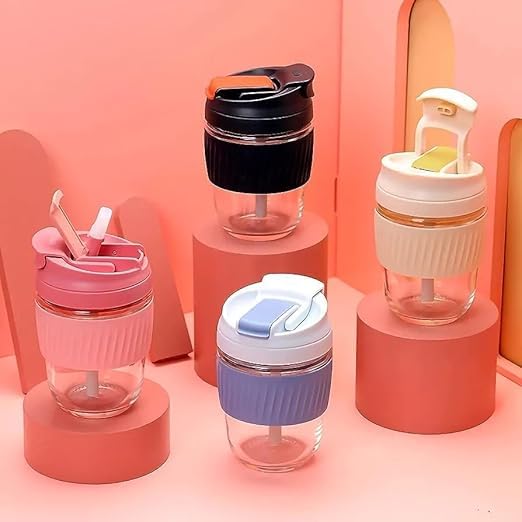 KRIVAZ KRIVAZ Glass Sipper 350ml Set of 1 Pc Straw Mug with Straw Coffee Cup for WaterJuice Coffee Tea Cocktail Home Office Travel Multicolour - Image 2