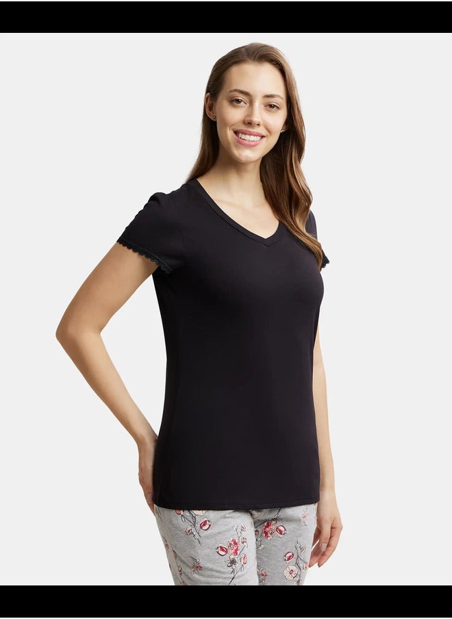 JOCKEY - Jockey RX12 Women's Micro Modal Cotton Relaxed Fit Solid V Neck Half Sleeve T-Shirt with Lace Trim On Sleeves - Image 1
