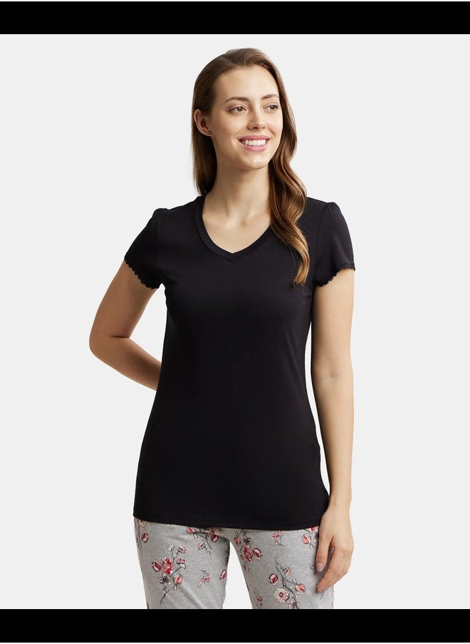JOCKEY - Jockey RX12 Women's Micro Modal Cotton Relaxed Fit Solid V Neck Half Sleeve T-Shirt with Lace Trim On Sleeves - Image 1