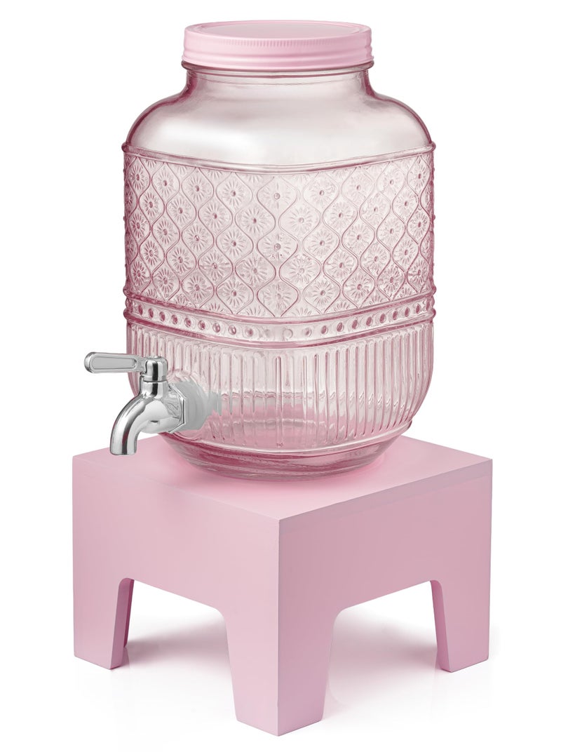 Godinger Beverage Dispenser 1 Gallon, Glass Drink Dispenser with Wooden Base Stand, Wide Mouth Jar for Lemonade, Iced Tea, Infused Water, Vintage Kitchen Decor - Pink - Image 2