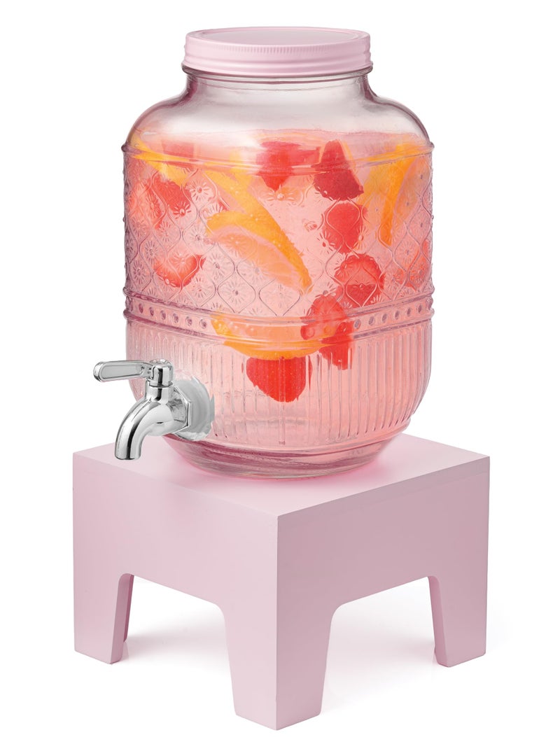 Godinger Beverage Dispenser 1 Gallon, Glass Drink Dispenser with Wooden Base Stand, Wide Mouth Jar for Lemonade, Iced Tea, Infused Water, Vintage Kitchen Decor - Pink - Image 1