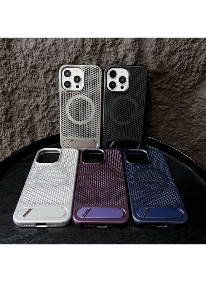 Suitable For Iphone16 Breathable Mesh Heat Dissipation Shell For Iphone 15promax Metal Bracket Magnetic Electroplating PC Hard Shell-Colors:titanium Gray-Applicable Model:13/14