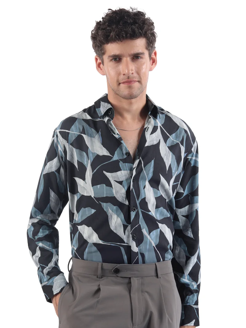 Beyoung Dark Blue Leaf Print Shirt