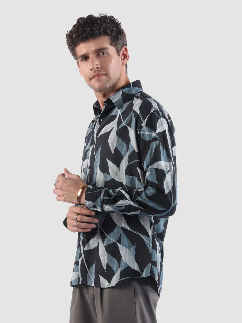 Beyoung Dark Blue Leaf Print Shirt