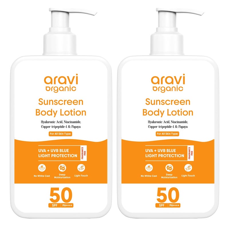 Aravi Organic لوسيون الجسم الواقي من الشمس العضوي من أرافي خالي من الزيت SPF 50 PA خفيف الوزن سريع الامتصاص بدون بقايا بيضاء حماية من UVA و UVB مع النياسيناميد وحمض الهيالورونيك وبتريبتيد النحاس 200 مل عبوة من 2 - Image 1