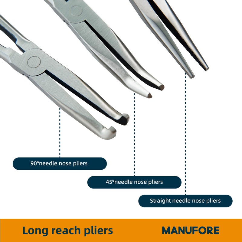 MANUFORE 11 in Long Reach Needle Nose Pliers 3-Piece Set - Straight, 45Â° Bent, and 90Â° Bent Heads - Household Tool Kit for Electrical, Repair, DIY - Image 3