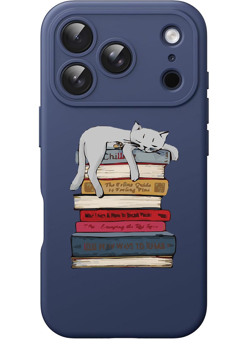 Theodor Protective Slim Fit Case Liquid Silicone Cover with Full Body Protection Anti-Scratch Shockproof Case For Apple iPhone 17 Pro (Blue) Cat on books - Image 1