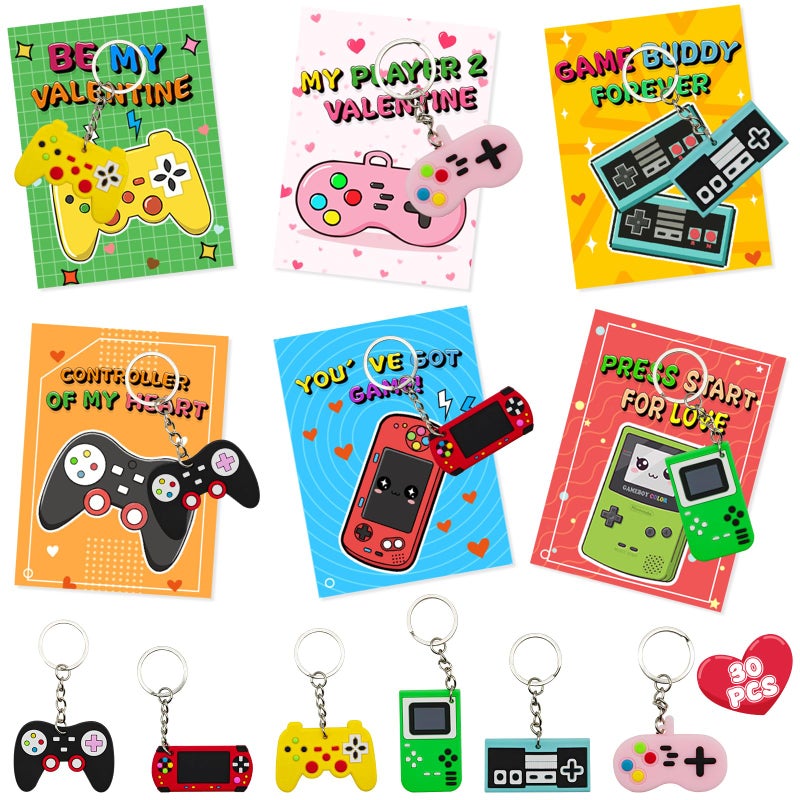 Eruner Valentines Day Gifts for Kids Classroom,30 Pack Valentines Cards for Kids with Video Games Keychains,Fun Classroom Exchange Valentines Day Gifts Party Favors Prizes for Boys Girls - Image 1
