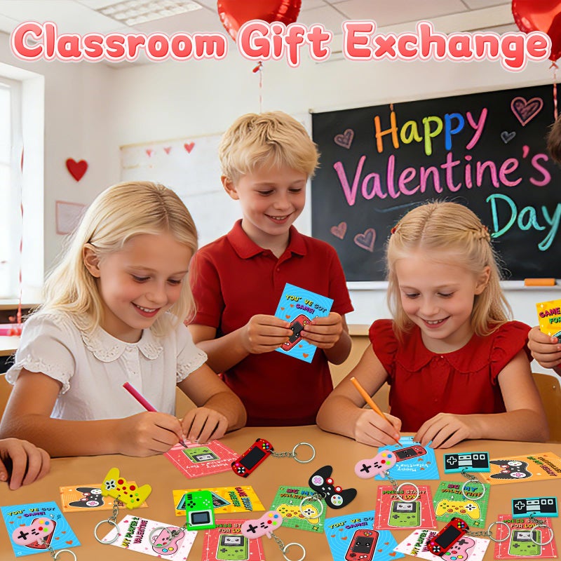 Eruner Valentines Day Gifts for Kids Classroom,30 Pack Valentines Cards for Kids with Video Games Keychains,Fun Classroom Exchange Valentines Day Gifts Party Favors Prizes for Boys Girls - Image 3