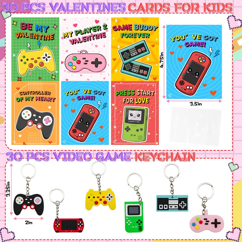 Eruner Valentines Day Gifts for Kids Classroom,30 Pack Valentines Cards for Kids with Video Games Keychains,Fun Classroom Exchange Valentines Day Gifts Party Favors Prizes for Boys Girls - Image 2