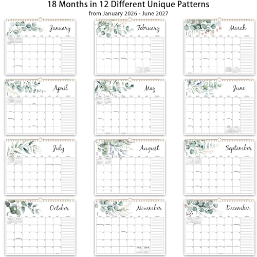 PIOOJK 2026 Wall Calendar - 18 Months Calendar from January 2026 - June 2027, Aesthetic Greenery Large Hanging Calendar with Thick Paper, Perfect for Office Home Monthly Organizing & Planning, 14"×11" - Image 2