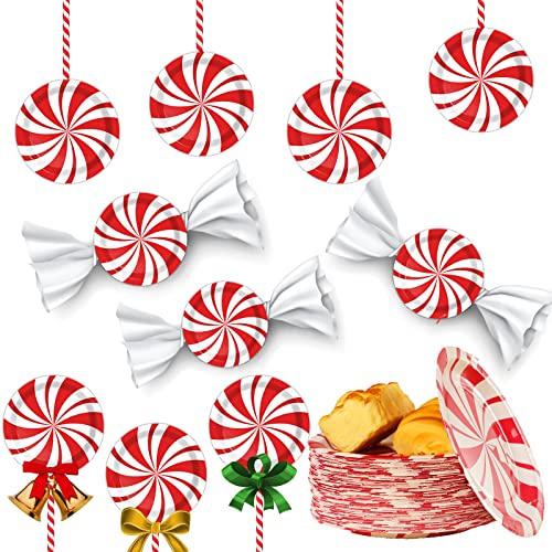 Wiooffen 48 Pcs Christmas Peppermint Candy Paper Plates Candy Mint Happy New Year Party Supplies 7 Bundle Christmas Holiday Festive Plate