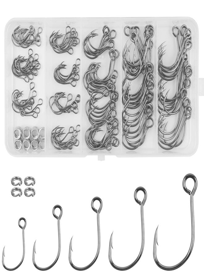 FUSIGO Inline Single Hooks Kit Single Replacement Fishing Hooks for Lures Baits Large Eye Inline Circle Hooks with Split Rings Freshwater Saltwater Fishing Tackle - Image 1