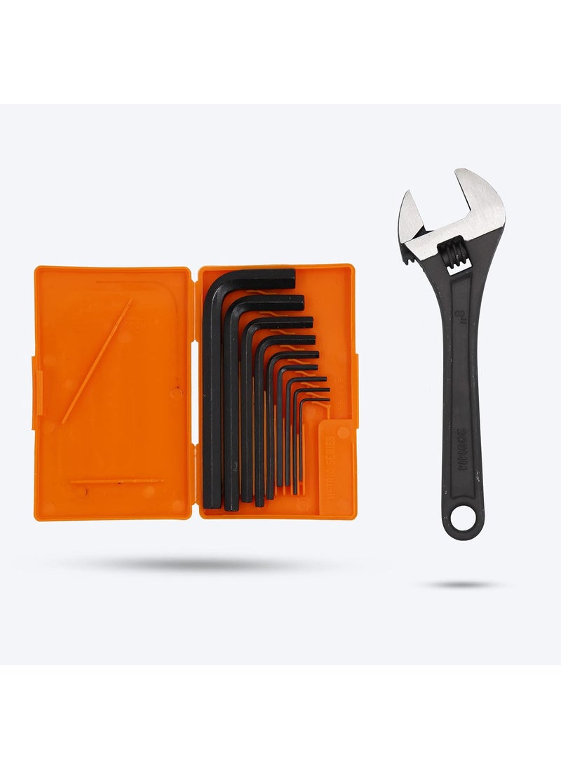 Hillgrove Hillgrove HGCM7M1 9 Pieces Full Hex Allen Key Kit with 8 Inch Adjustable Wrench Bolt Spanner Goti Wrench L Shape Repair Tool Set for BikeBicycleCycleGuitar Allen Key Set 