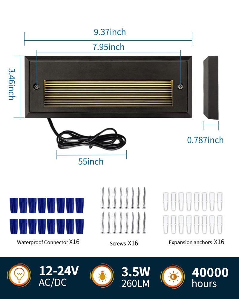 BTNHPLite 9 Inch Low Voltage Step Lights Outdoor, 3.5W 260lm IP65 LED Landscape Stair Lights, 12-24V AC/DC Deck Step Light for Stairs, Concrete Steps, 2700K, 5ft Corded, 8 Pack, ORB Finish, Aluminum - Image 2