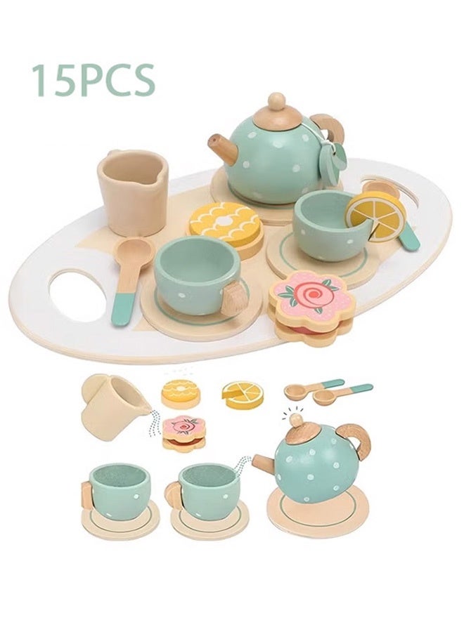 SHABILI Wooden Tea Party Pretend Play Set for Children 3+, Tea Pot Cups Kitchen Accessories for Girls Boys, Princess Role Play, Toys & Games, Educational Gift, Birthday Present, Indoor Kitchen Playsets, Pink - Image 1