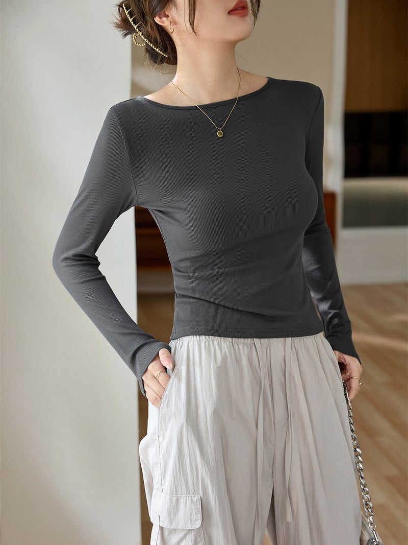 # Select High-Quality Products # One-Word Small Round Neck Slim Fit T-Shirt Women'S Long-Sleeved 2025 Autum New Inner Layering Shirt - Image 5