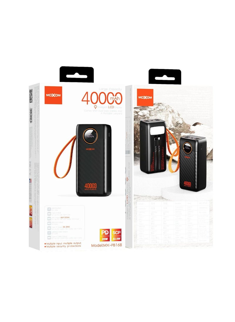 MOXOM - MX-PB168 40000mAh Large Capacity Portable Power Bank With Multiple Input and Multiple Output PD 20W + SCP 22.5W With LCD Display Black - Image 1