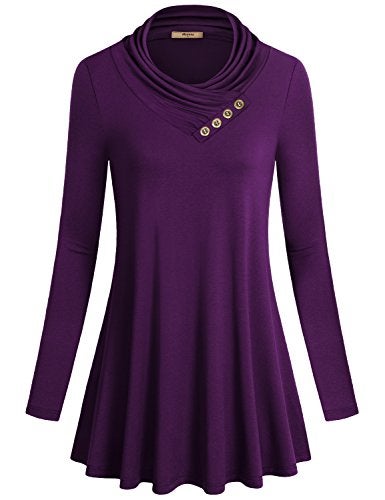 Miusey Flowy Dress, Long Sleeve Cowl Neck Loose Fit Comfy Swing Tunic Casual Top Purple Medium - Image 4