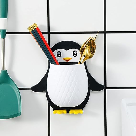 Smart Buy Plastic Toothbrush Holder Penguin Wall Mounted Storage Rack, Multifunctional Wall Hanging for Makeup Tools, Pens, Kitchen Chopsticks, Living Room Remote Control Storage Set of 1 Pieces - Image 5