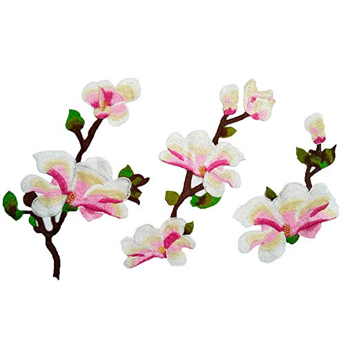 FEEPOP 1 Set Lotus FlowerMagnolia Embroidery Applique Patches Sew on Pacthes Lace Fabric Motif Clothes Decorated DIY Sewing SuppliesPink 1 