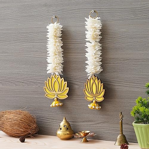 Webelkart Premium Yellow Lotus with White Gajra Flower Wall Hanging |Lotus Back Drop Hanging | Wall Decor |Temple Decor Wall Hanging for Home and Diwali Decorations (Yellow) - Image 2