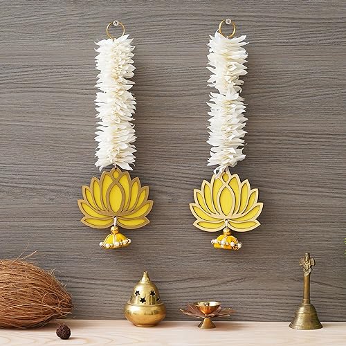 Webelkart Premium Yellow Lotus with White Gajra Flower Wall Hanging |Lotus Back Drop Hanging | Wall Decor |Temple Decor Wall Hanging for Home and Diwali Decorations (Yellow) - Image 1