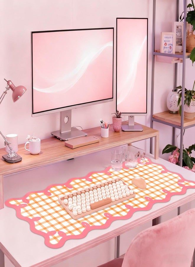 ARTSO Orange Desk Pad for Keyboard and Mouse,Cute XXL Large Mouse Pad with Pink Side,35.4x15.7in Non-Slip Computer Pad Checkered Desktop Mat for Work Game Home Office - Image 2