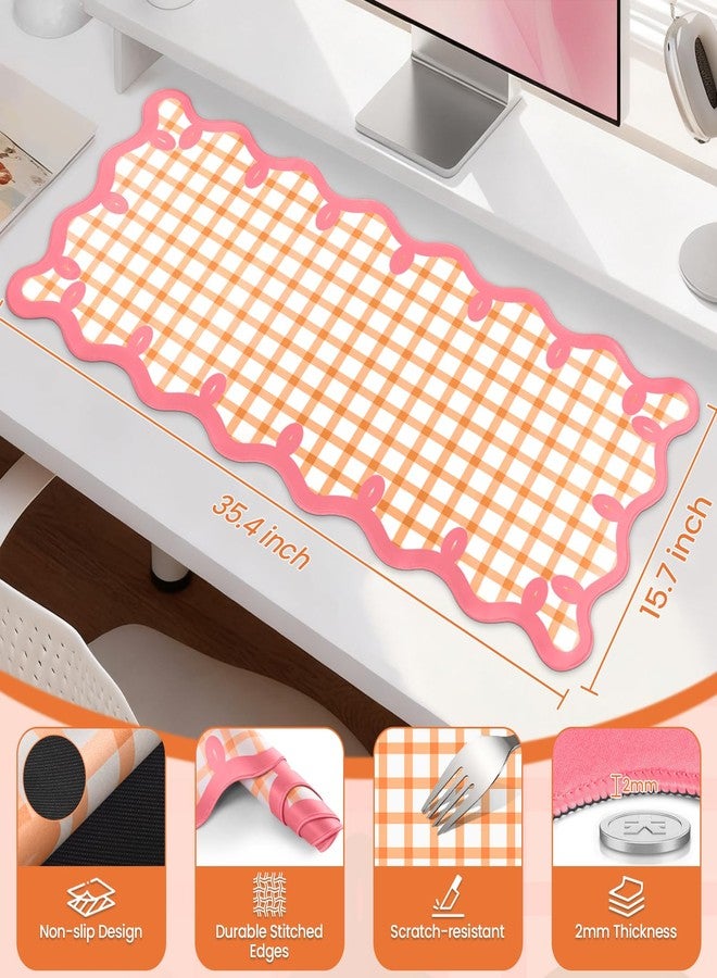 ARTSO Orange Desk Pad for Keyboard and Mouse,Cute XXL Large Mouse Pad with Pink Side,35.4x15.7in Non-Slip Computer Pad Checkered Desktop Mat for Work Game Home Office - Image 5