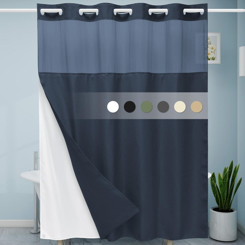 EUTXL NAVY Blue No Hook Dusty Stain مع SNAP في بطانة 230GSM الستائر Waffle Weave Weave Sertains للحمام 71W × 74H - Image 1