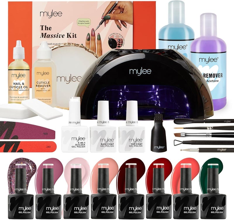 Mylee Massive Kit Professional Gel Polish Set Grande LED Lamp 8x Nail Colours Top Base Coat 5in1 Builder Gel Prep Wipe Remover Prep Tools Nail Cuticle Oil Mixing Palette