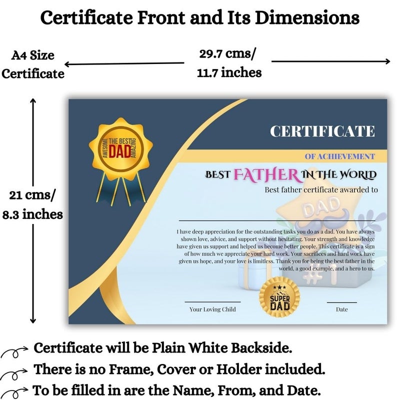 AanyaCentric AanyaCentric A4 Size 83 x 117 inch World Best Father Certificate Printed Dad Birthday Greeting Card for Papa Dad Daddy Big Day without Frame Folder Case  - Image 2
