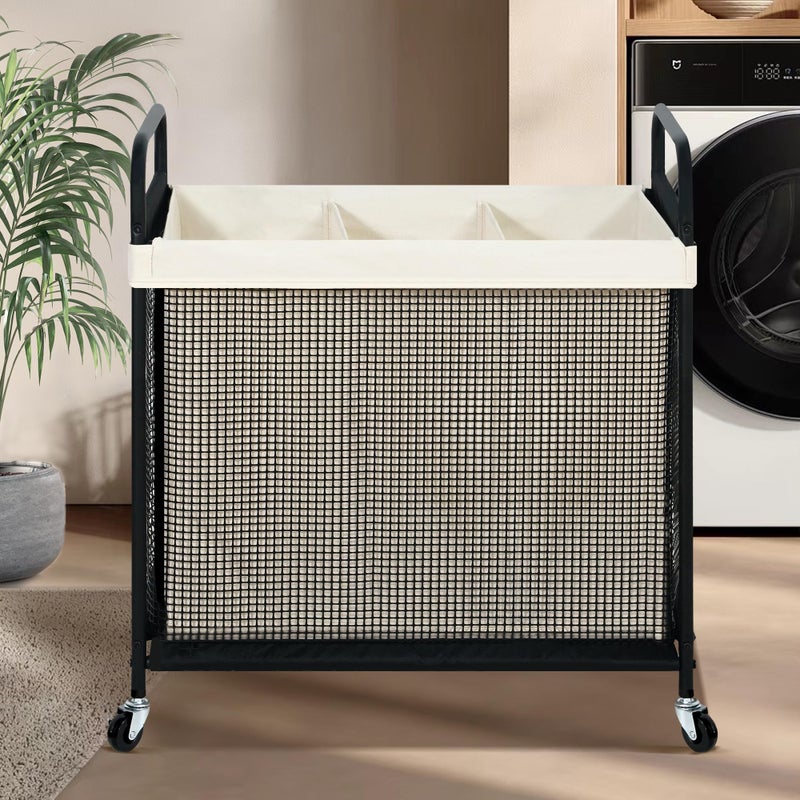 STO STO Laundry Hamper 3 Section, 120L Rolling Laundry Sorter Cart with Removable and Washable Liner Bag, Clothes Hamper with Wheels and Metal Handle for Laundry Room and Bedroom - Image 2