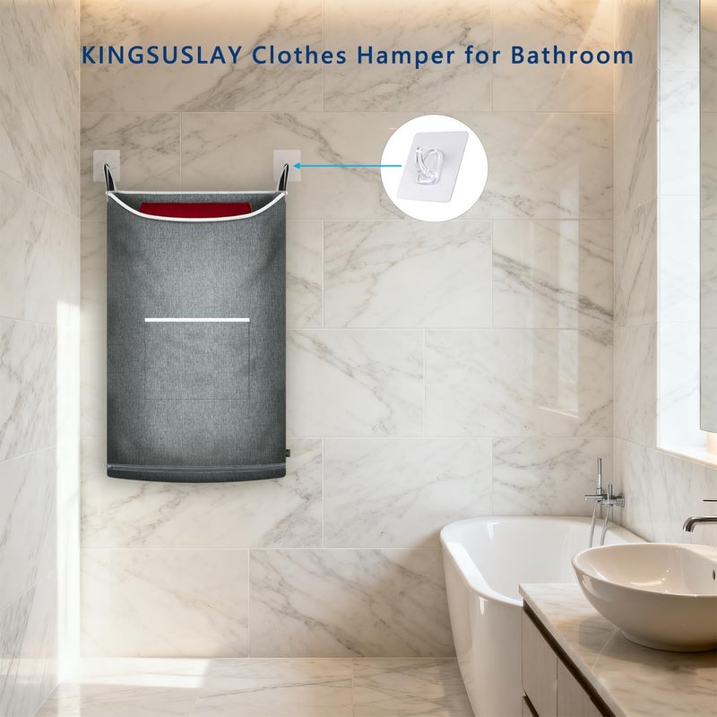 KINGSUSLAY سلة غسيل معلقة كولميبو، سلة معلقة على الباب 35 × 22 بوصة حقيبة غسيل معلقة مع خطافات معلقة مجانية، سلة غسيل على الباب توفر المساحة لحمل الملابس المتسخة (عبوتان، رمادي هيذر متوسط) - Image 3
