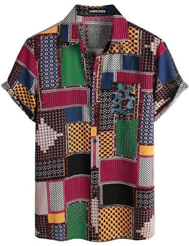 PARKLEES Men's Linen 70s Hippie Style Floral Print Shirt Short Sleeve Button Down Hawaiian Shirts Black Red Large - Image 1