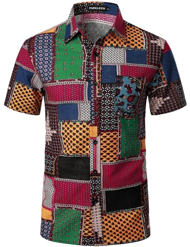 PARKLEES Men's Linen 70s Hippie Style Floral Print Shirt Short Sleeve Button Down Hawaiian Shirts Black Red Large - Image 2