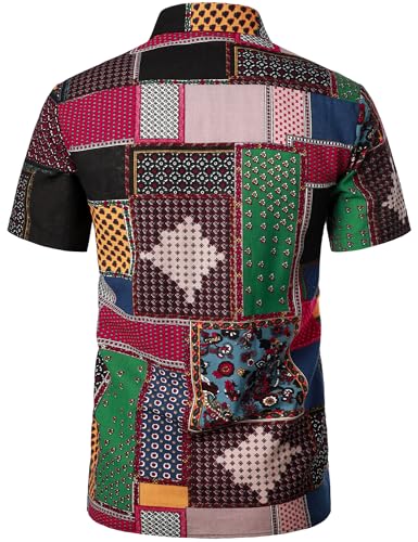 PARKLEES Men's Linen 70s Hippie Style Floral Print Shirt Short Sleeve Button Down Hawaiian Shirts Black Red Large - Image 3