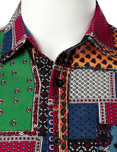 PARKLEES Men's Linen 70s Hippie Style Floral Print Shirt Short Sleeve Button Down Hawaiian Shirts Black Red Large - Image 4