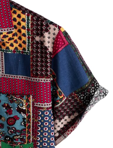 PARKLEES Men's Linen 70s Hippie Style Floral Print Shirt Short Sleeve Button Down Hawaiian Shirts Black Red Large - Image 5