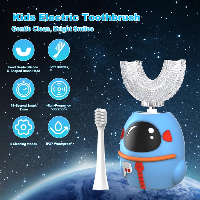 FTOYIN Kids Electric Toothbrush, U Shaped Toothbrush with 4 Brush Heads, Ultrasonic 360Â° Cleaning, 5 Modes, Smart 45s Timer, IPX7 Waterproof (Ages 2â€“12) - Image 2