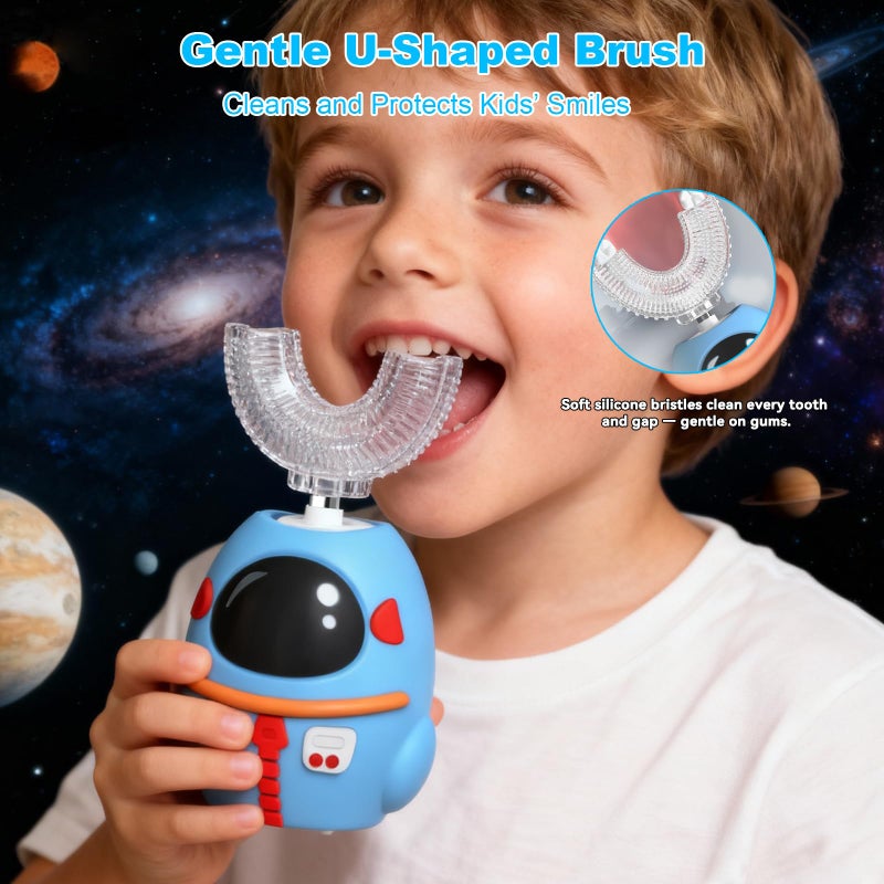 FTOYIN Kids Electric Toothbrush, U Shaped Toothbrush with 4 Brush Heads, Ultrasonic 360Â° Cleaning, 5 Modes, Smart 45s Timer, IPX7 Waterproof (Ages 2â€“12) - Image 4