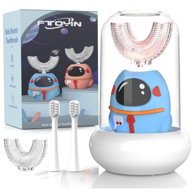FTOYIN Kids Electric Toothbrush, U Shaped Toothbrush with 4 Brush Heads, Ultrasonic 360Â° Cleaning, 5 Modes, Smart 45s Timer, IPX7 Waterproof (Ages 2â€“12) - Image 1
