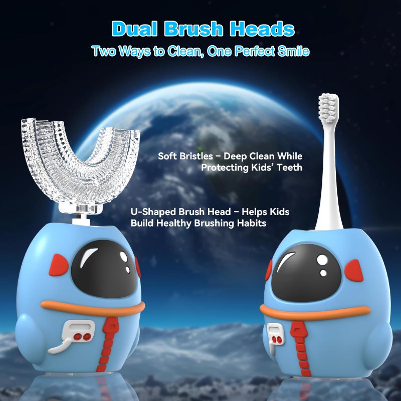 FTOYIN Kids Electric Toothbrush, U Shaped Toothbrush with 4 Brush Heads, Ultrasonic 360Â° Cleaning, 5 Modes, Smart 45s Timer, IPX7 Waterproof (Ages 2â€“12) - Image 3
