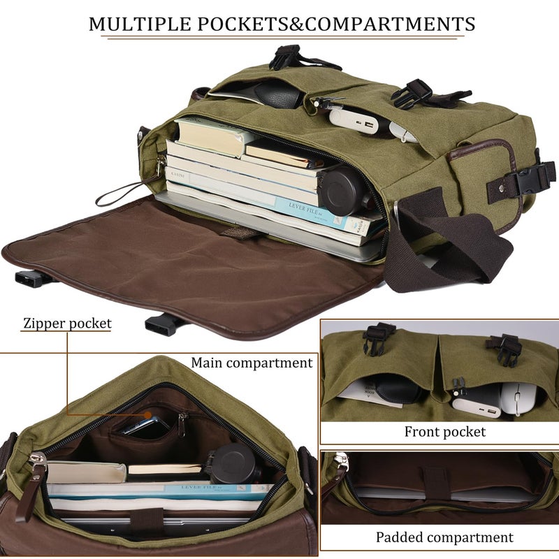 CROCOD Vintage Canvas 15.6 inch Laptop Messenger Bag for Men Women, College Computer Satchel Shoulder Bag Travel Office Briefcases (Green) - Image 4