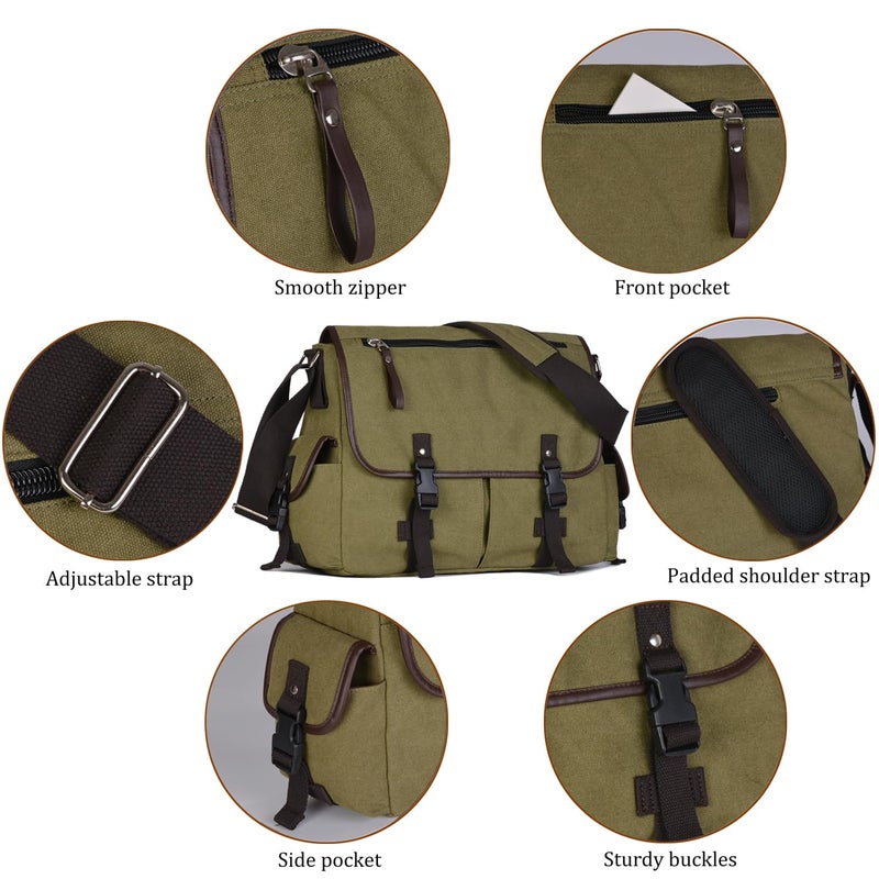 CROCOD Vintage Canvas 15.6 inch Laptop Messenger Bag for Men Women, College Computer Satchel Shoulder Bag Travel Office Briefcases (Green) - Image 5